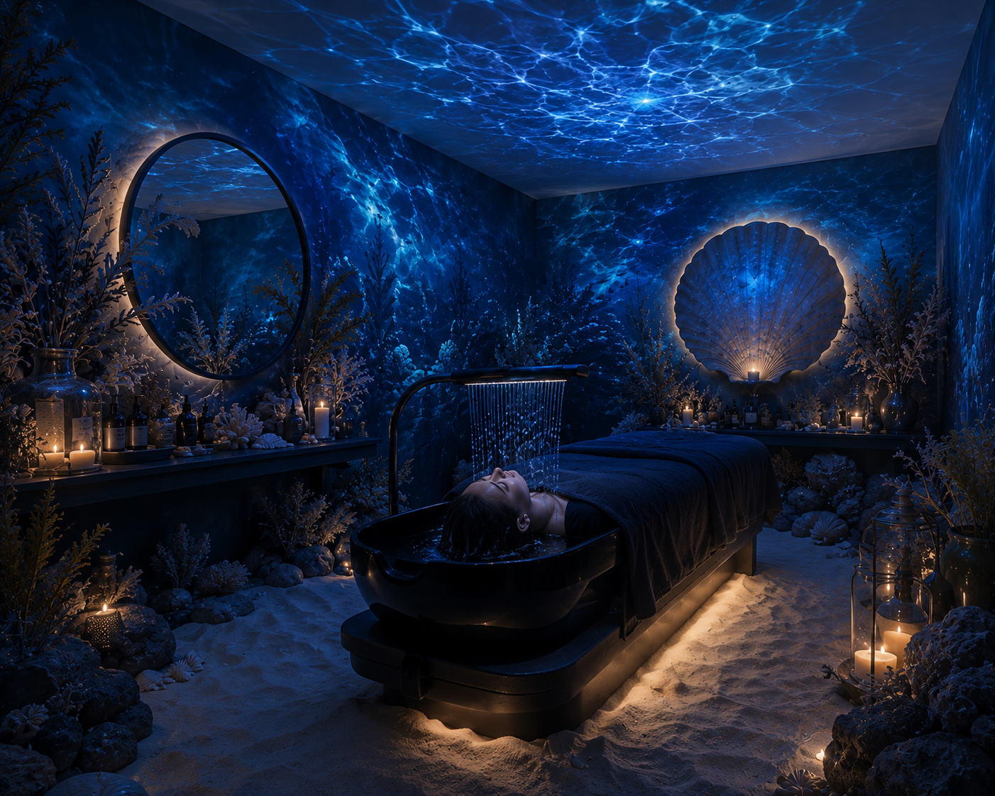 The Blue Hour treatment space with moon-pool light on the ceiling